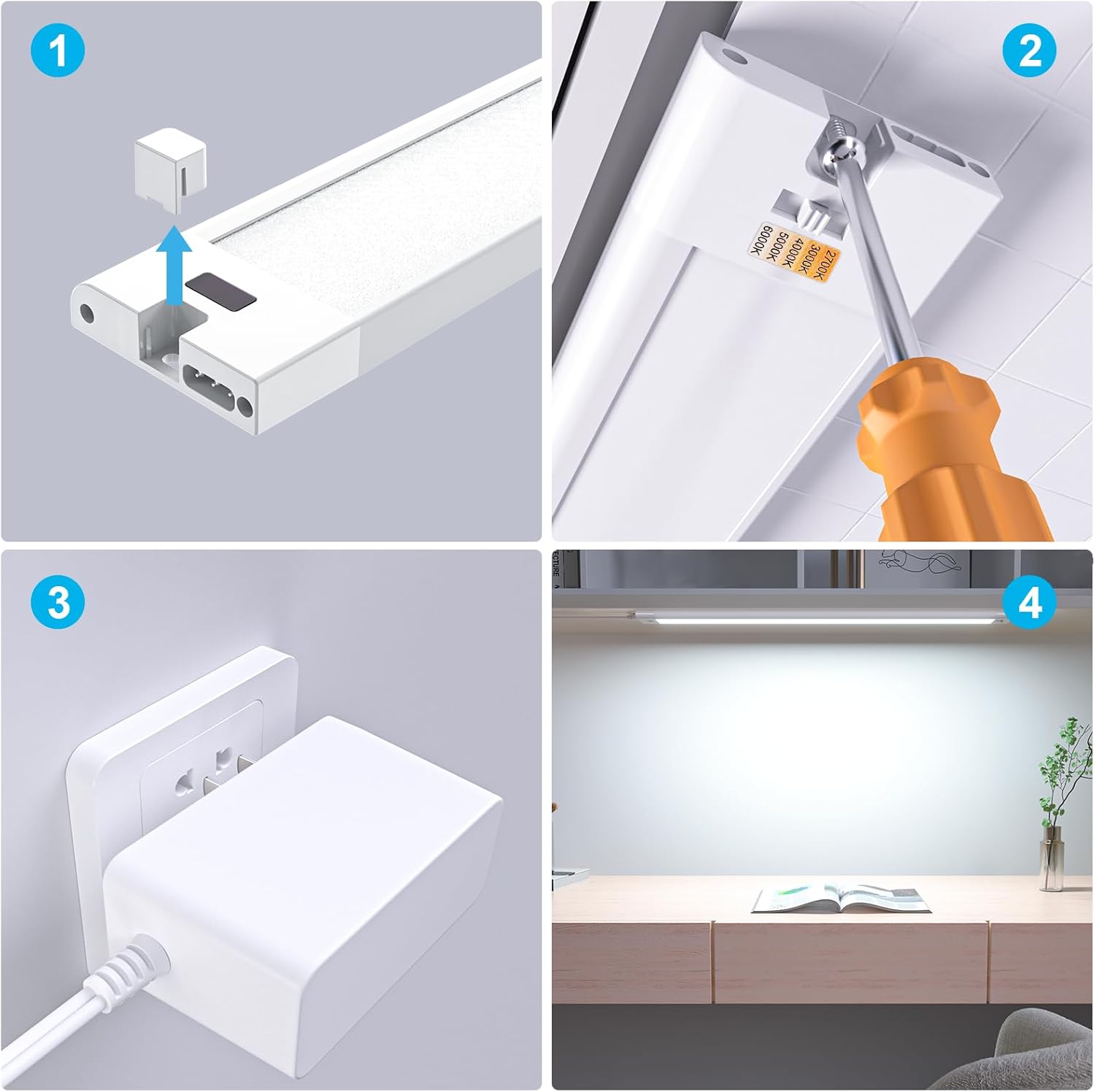 WOBANE 16.5 inch Under Cabinet Lighting,5 Color Settings,Under Counter Lights for Kitchen,Hand Wave Activated,Touchless for Cabinet,Shelf,Under Desk,Color Tunable 2700K to 6000K,Dimmable,White,1000LM