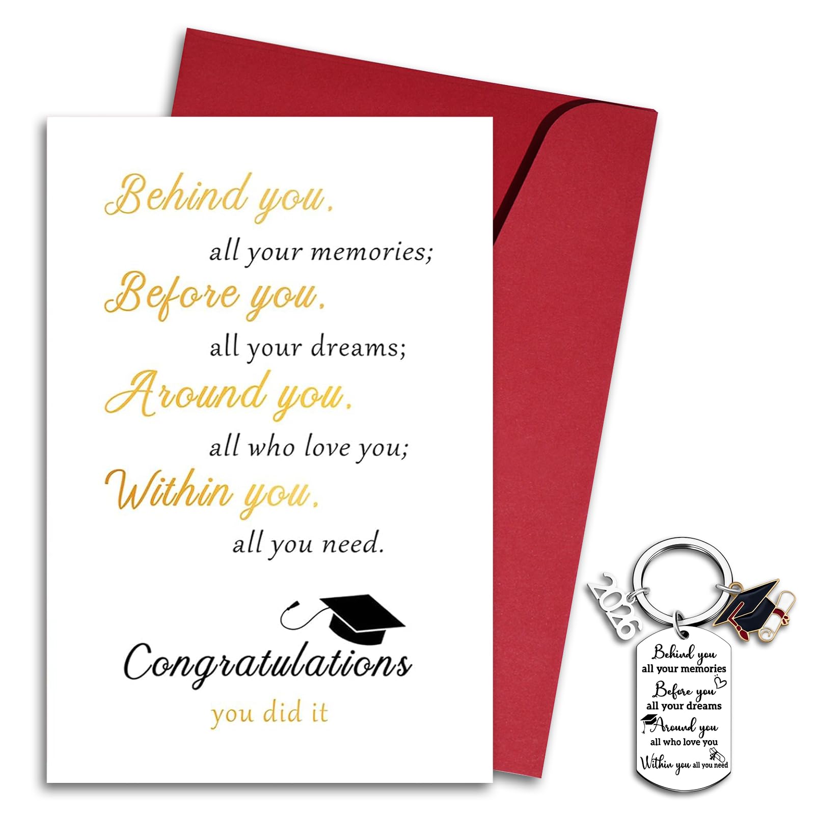 1 Set Thoughtful Graduation Gifts, Elegant Graduation Card, Cute Graduation Presents, Paper & Stainless Steel, Graduation Card with Keyring, Envelope & Velvet Bag