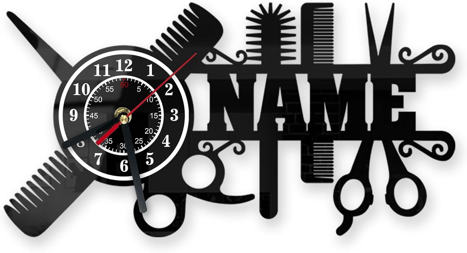 Personalized Barber Wall Clock - Custom Name Silent Clock, Salon Hairdresser Clock,Barber Shop Grand Opening Gift, Gift for Hair Stylist with Scissors & Comb Design