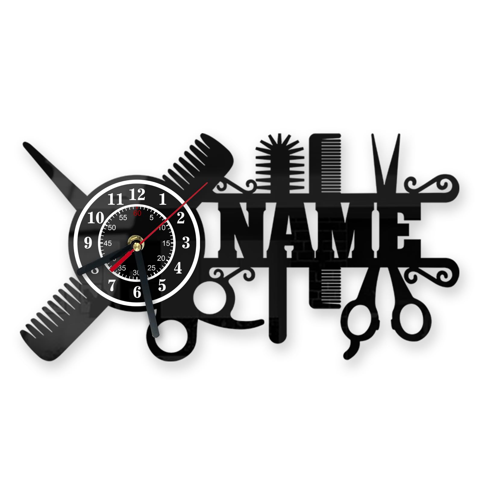 KOLOWKO Personalized Barber Wall Clock - Custom Name Silent Clock, Hairdresser Clock,Barber Shop Grand Opening Gift, Gift for Hair Stylist with Scissors & Comb Design (Wood)