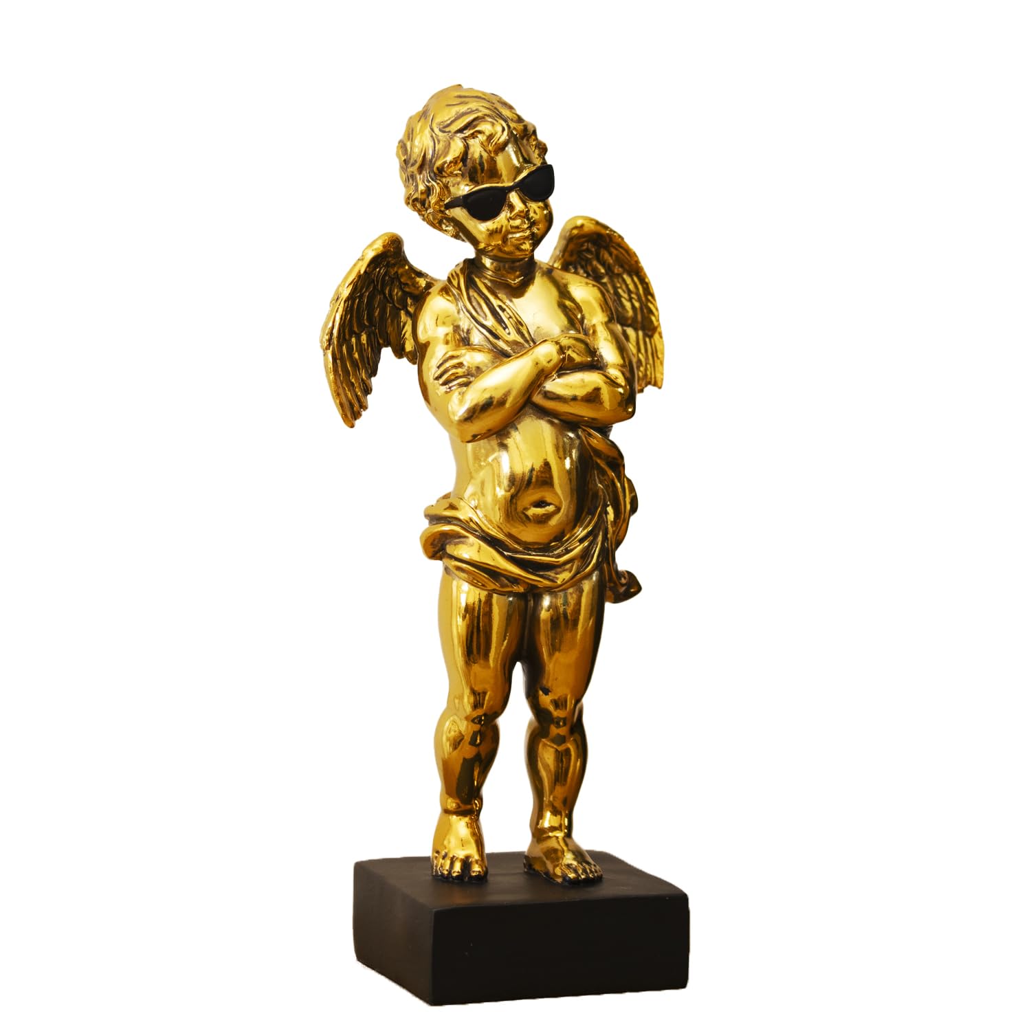 Darthome Gold, Black Gold Cool Cherub Ornament 11X28x9cm Resin Black Square Base Standing Angel Novelty Statue