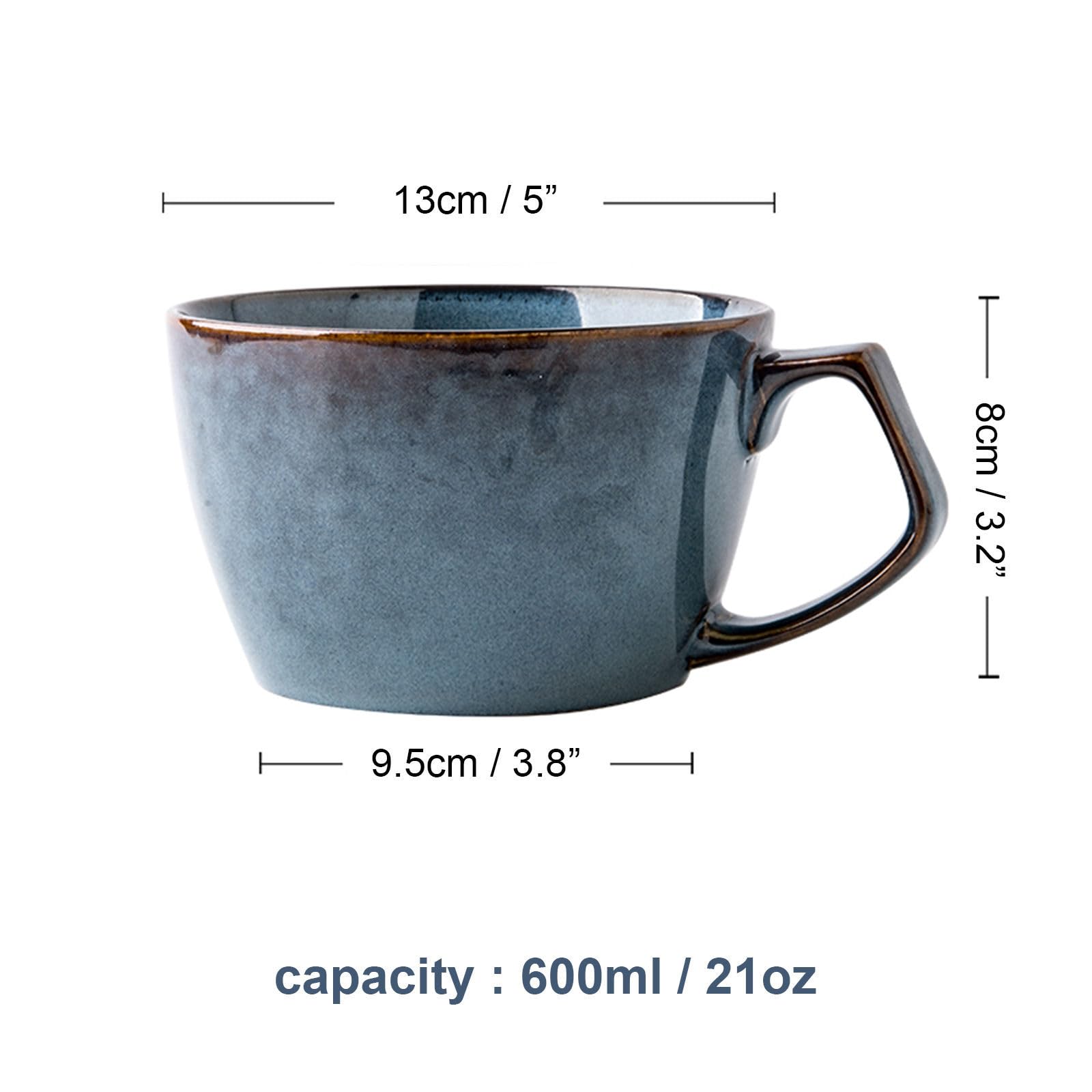 Taza de sopa de cerámica con asa, apta para microondas, taza de café de cerámica vintage para helado, postre (azul-B, 21 onzas)