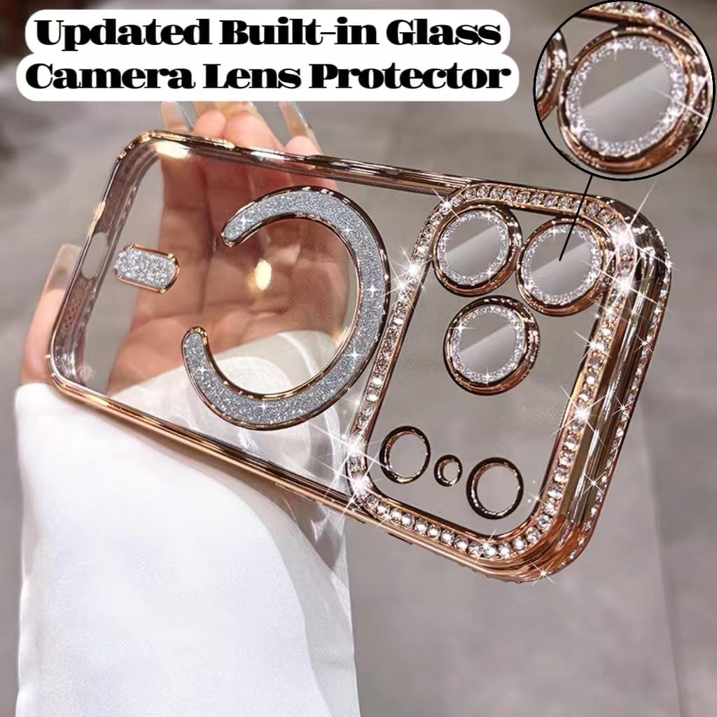 Magnetic Clear Glitter Case for iPhone 17 Pro Max,[Compatible with Magsafe],Cute Sparkly Bling Diamond Camera Lens Protector Soft Plating TPU Bumper Women Girls Phone Case for iPhone 17 Pro Max, Gold - Image 3