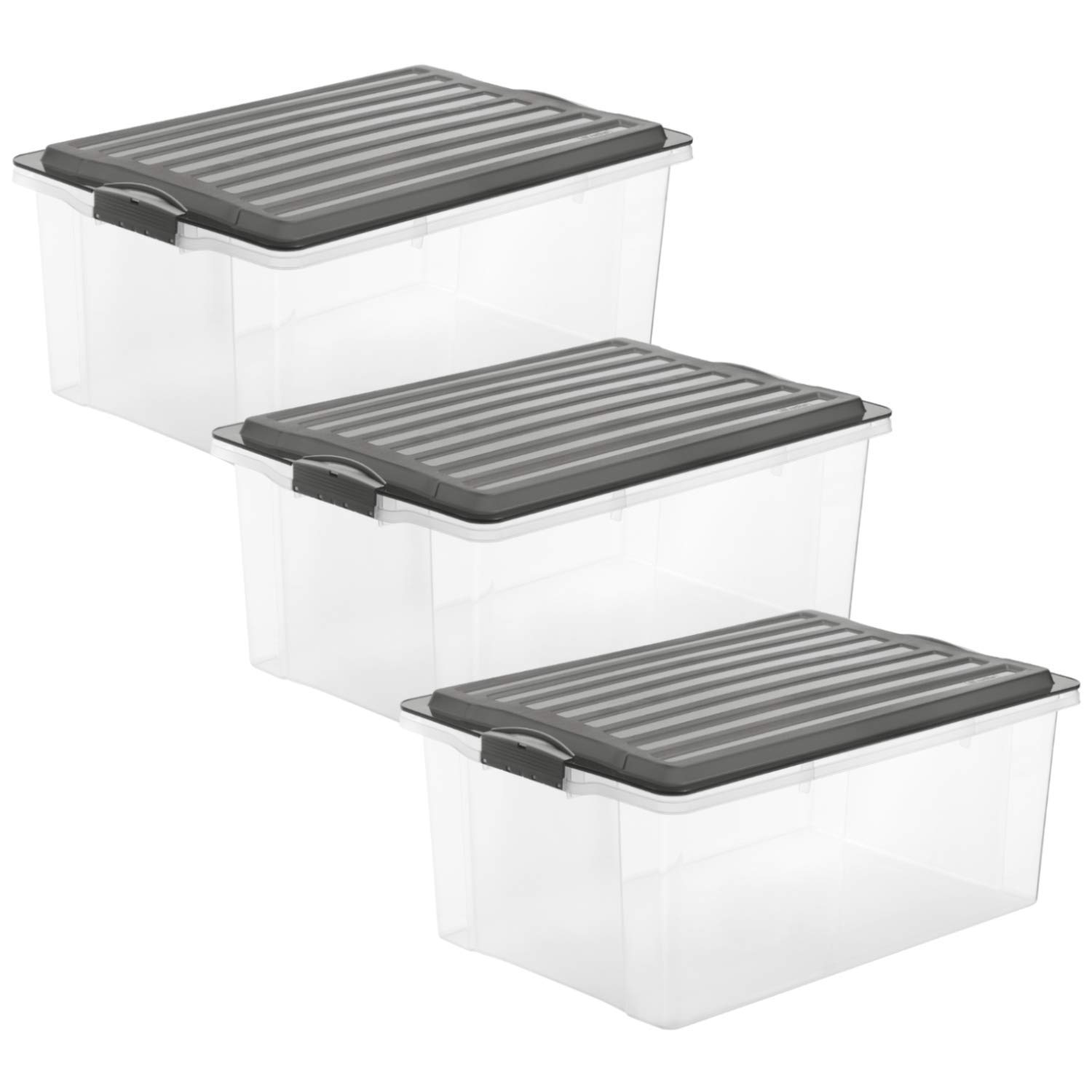 Rotho Compact - Juego de 3 Cajas de Almacenamiento 38 L con Tapa, Plástico (PP) sin BPA, Gris Antracita/Transparente, 3 x A3/38 L (57.5 x 40.0 x 25.0 cm) | Contenedores apilables de plastico PP sin BPA para formato DIN A3, organizador transparente y gris