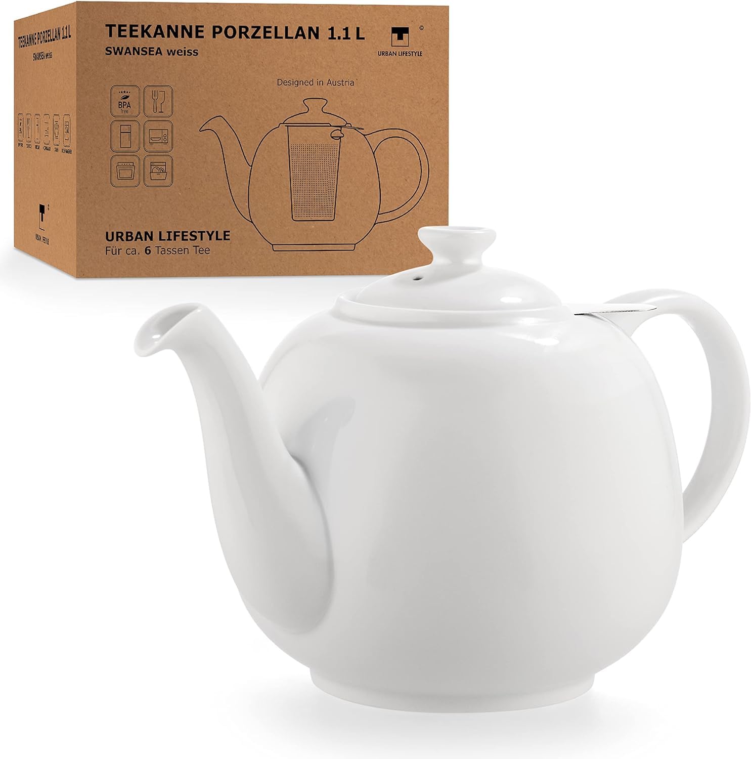 Urban Lifestyle Théière avec Filtre 1,1 Litre Théière en Fine Porcelaine de Haute Qualité avec Infuseur en Acier Inoxydable 800 ml Capacité Utile Anti Goutte Couvercle Stabilisé Blanche SWANSEA