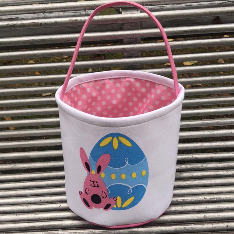 Image of Easter Bunny Basket Bag for Kids, Canvas Cotton Egg Hunt Tote with Rabbit Print, Bunny Gift Bag for Boys and Girls, Lightweight Reusable Candy and Egg Holder, Multiple Colors (Easter Bunny Basket - Pink)