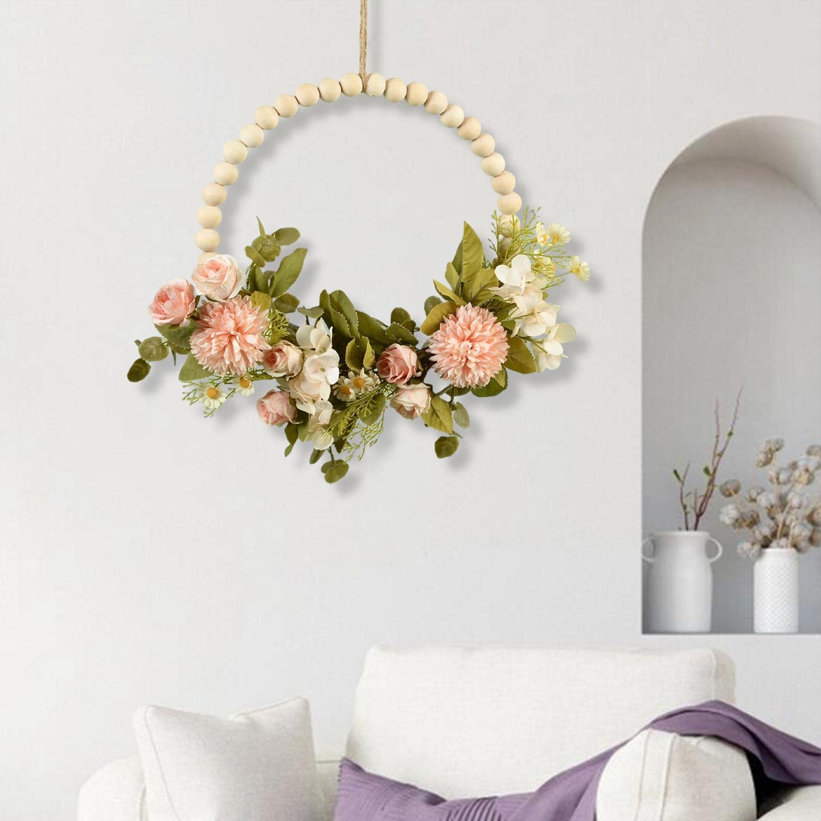 Künstlicher Blumenkranz, Türgirlande, Dekoration mit Perlen, Holz Und Grünem Laub, Geeignet für Die Dekoration von Schlafzimmern, Esszimmern Und Türen, ROSA