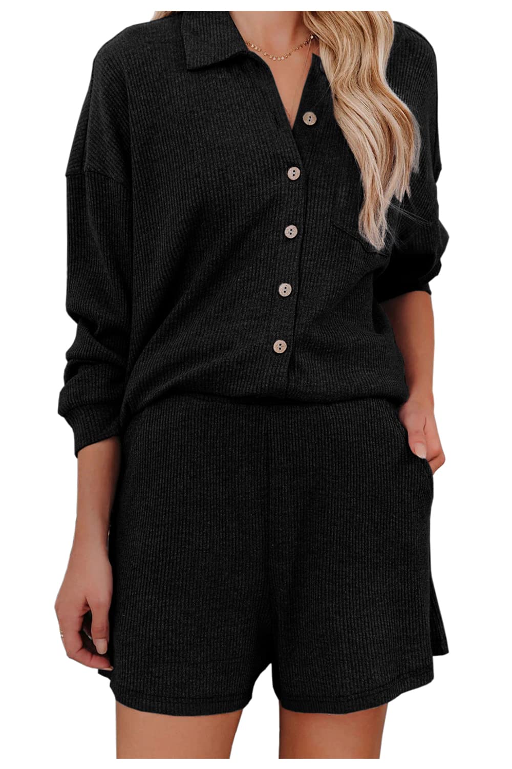 MuliskyWomen's Long Sleeve Pajama Sets Ribbed Button Down Top Sleepwear Shorts With Pockets Loungewear Set