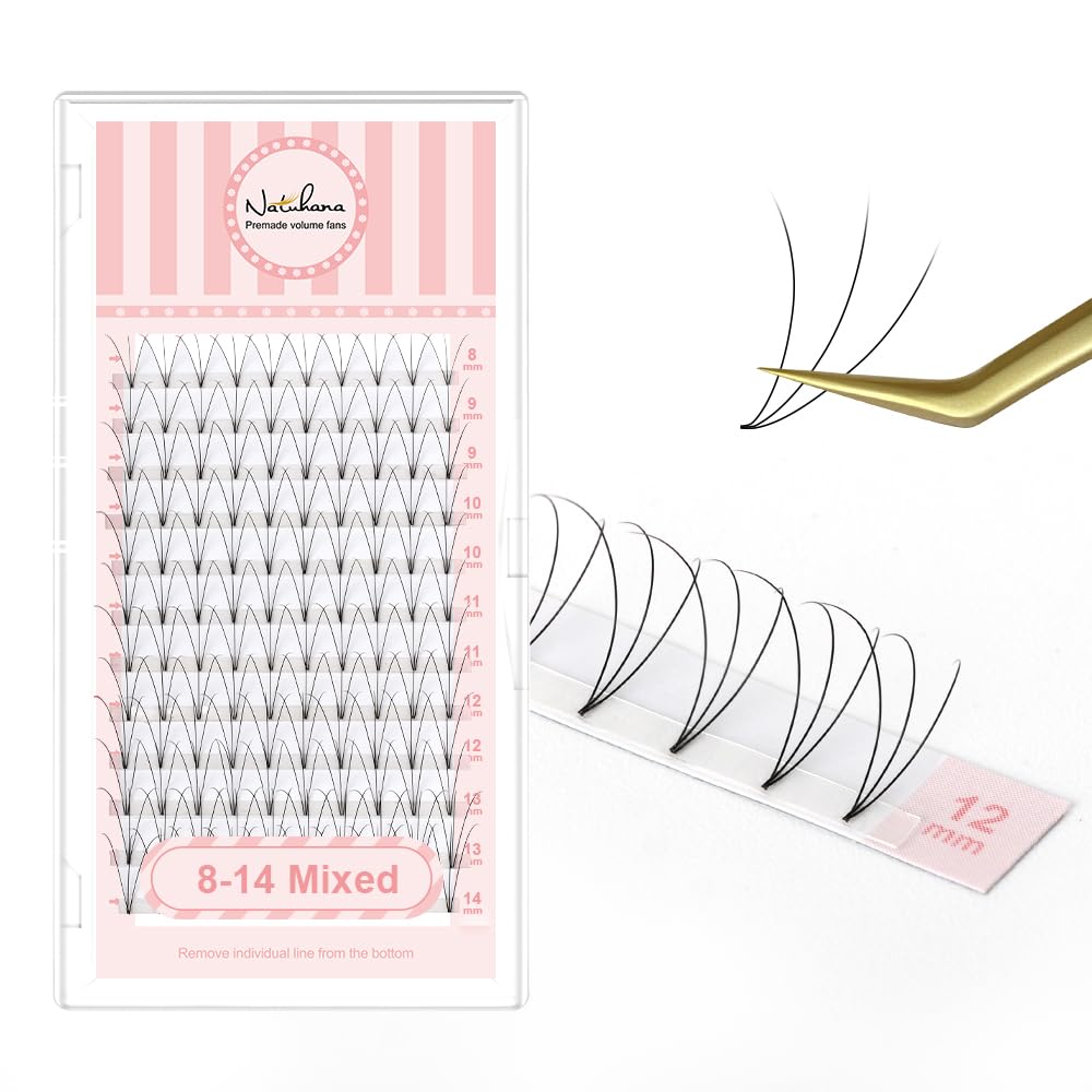 Eyelash Extensions Premade Fan Volume 0.07 D Curl Thickness 8-14mm,Natural Black Russian Individual Lash Tray Shoot Root Professional Supplies for Lash Techs(3D,0.07-D,8-14 Mix)