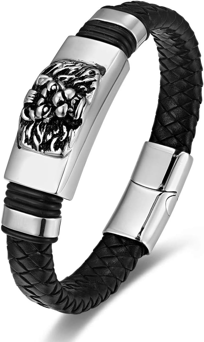 Mens Black braided leather Bangle Bracelet, Vintage Stainless Steel Roaring Lion Head, Two-row