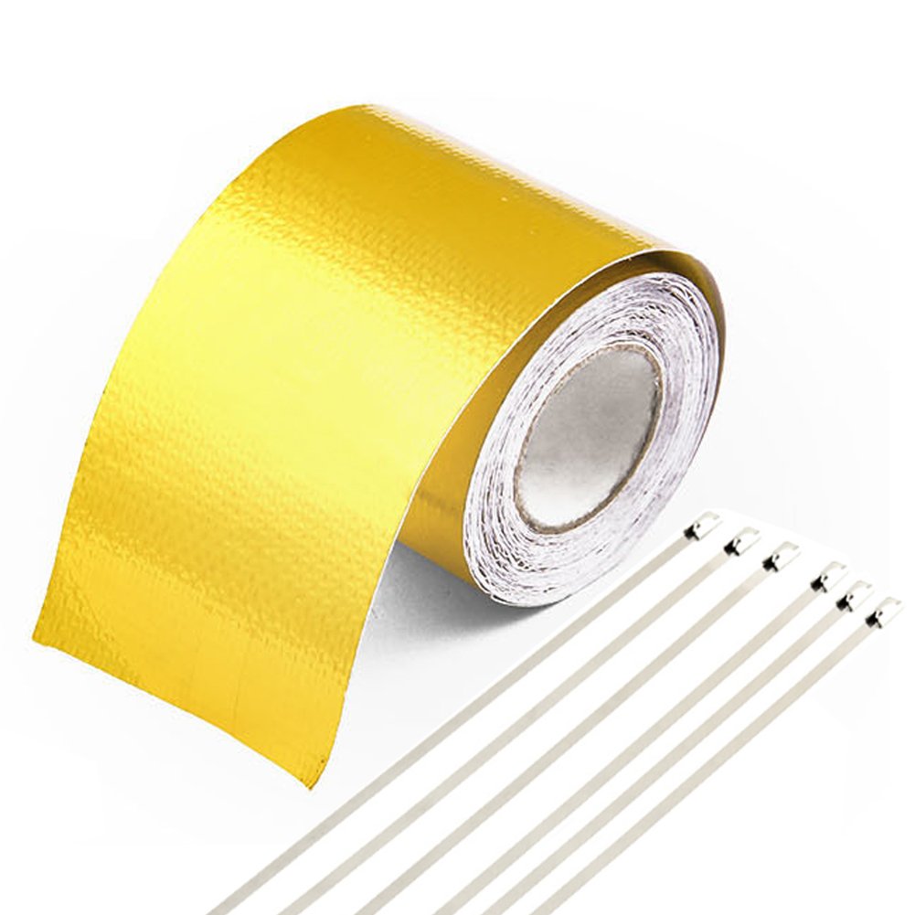 GOGOLO 16FT Gold Thermal Aluminum Foil Tape with 6PCS Metal Hoops 2" Width Self-Adhesive Wrap for Car Truck Motorcycle Ducts Engine Pipe Cooking Flue, etc