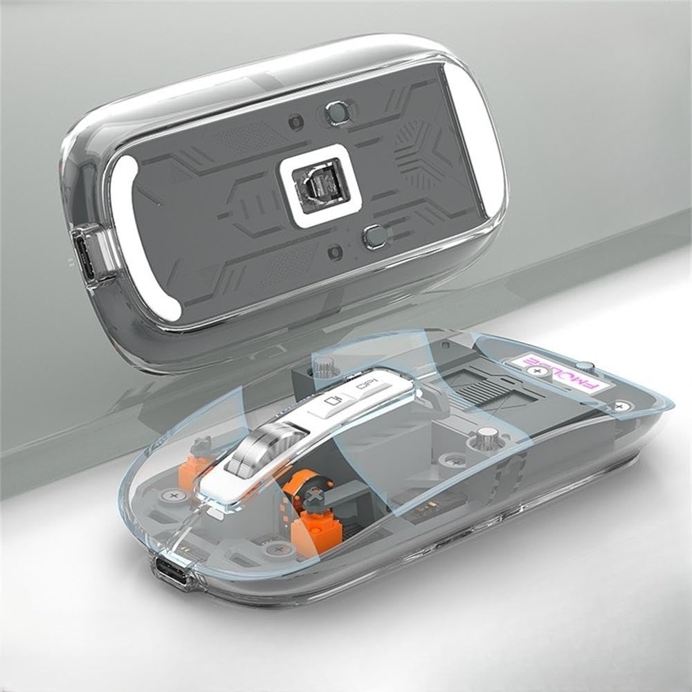 Azonee Wireless Bluetooth Mouse, Tri-Mode (BT1+BT2+2.4G) USB C Rechargeable Computer Mouse, Full Transparent Portable Silent Mouse with USB Receiver for Laptop (Grey)