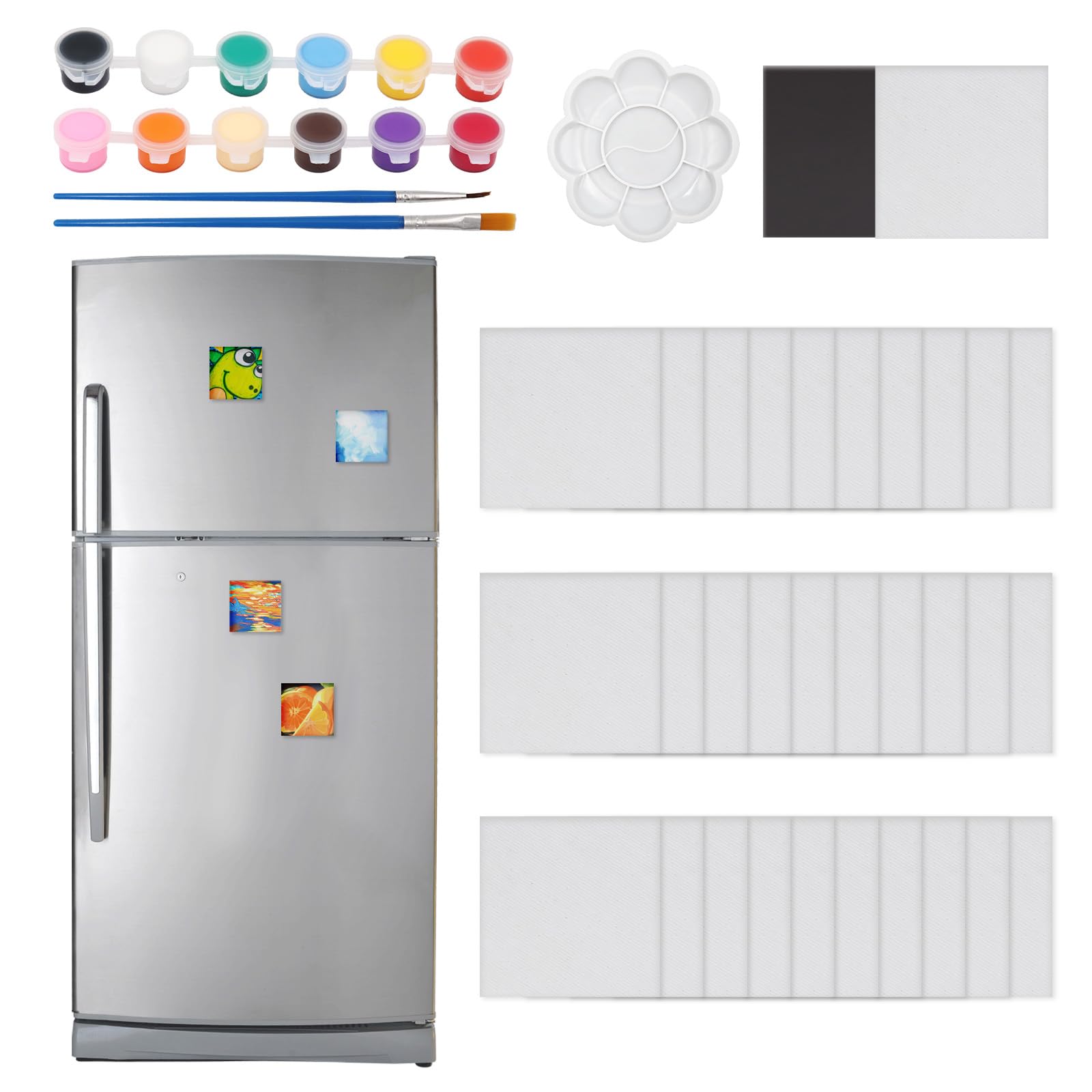 ZYNERY 30 Pcs 2.5 Inch Mini Magnetic Canvas Panel, Magnetic Painting Canvas Panel with 12 Pcs Acrylic Paints 2 Pcs Brushes 1 Pcs Palette Magnetic Canvas Boards for Art Paints DIY Crafts (Square)