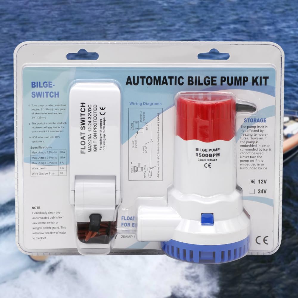 Bomba de achique de 1500 Gph de 12 voltios, bomba de agua para barco ocupa poco espacio y tiene un sonido silencioso, adecuada para barcos de agua y estanques, con interruptor flotante