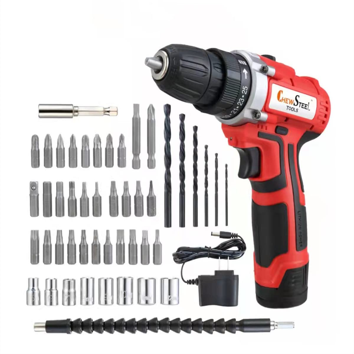 Chew Steel Tools 12V Cordless Drill/Driver, Power Drill Set with 47 Pieces Drill/Drive Bits, 2 Variable Speed, 3/8" Keyless Chuck, 25+1 Torque Setting