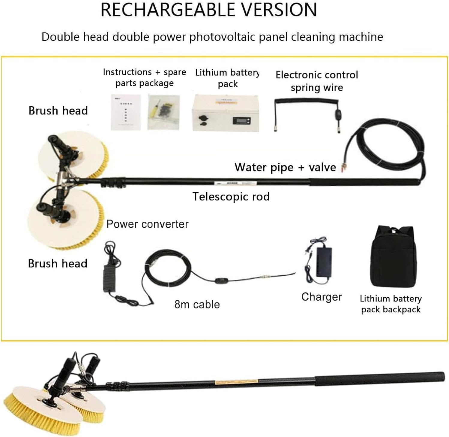 Solar Panel Cleaning Tool, Photovoltaic Panel Cleaning Tool, Double Head Automatic Solar Panel Cleaning Brush and Pole Kit, Window Cleaner Special Roof Water Brush (Mains+lithiumbatteryversion 5.5m)