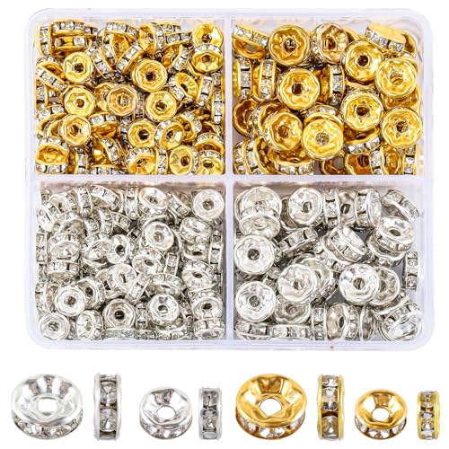 345PCS Rondelle Spacer Beads for Jewelry Making 6mm 8mm Rhinestone Spacer Beads for Beaded Pens Silver and Gold Spacers Bead for Necklace Bracelet Earring DIY and Craft Projects