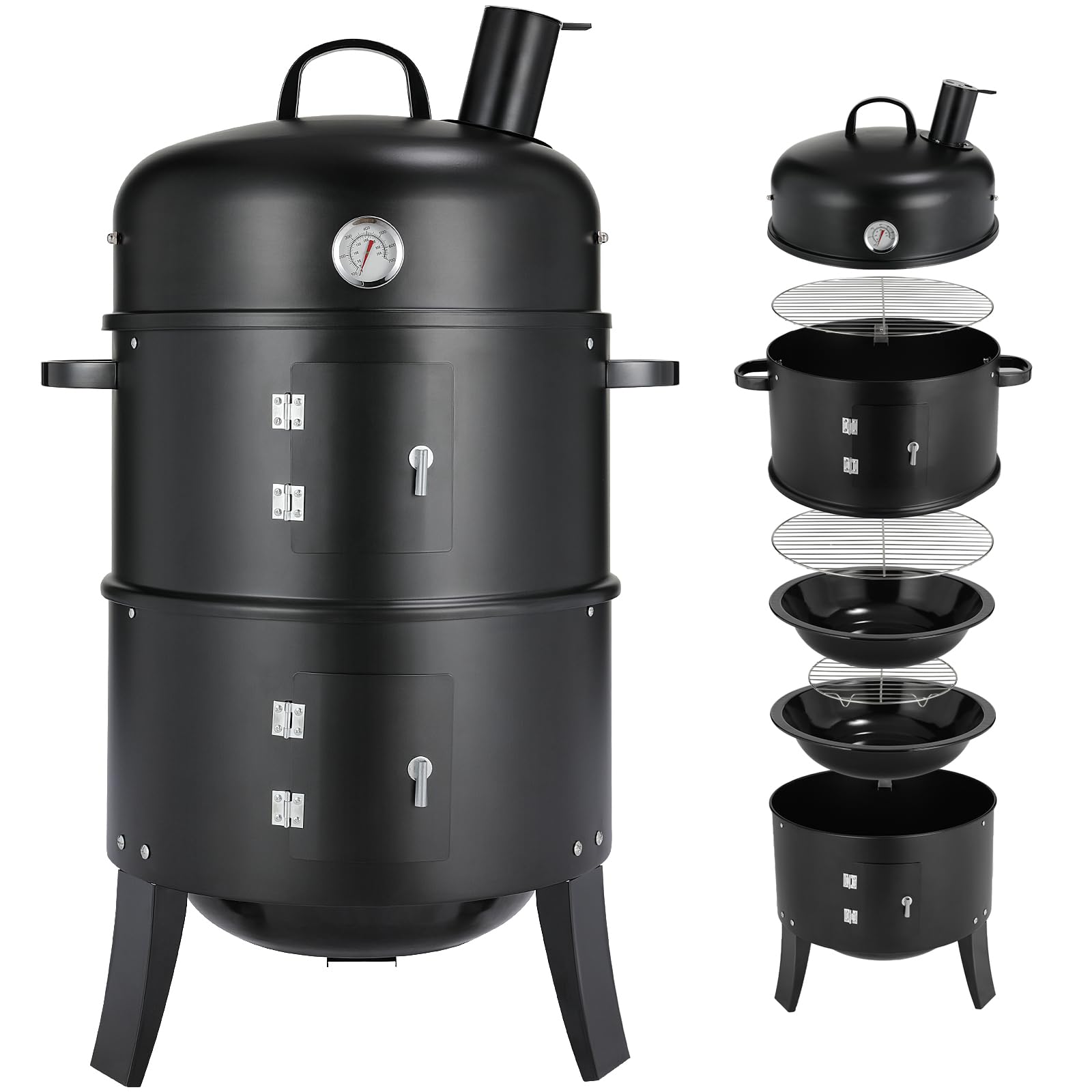 TLGREEN Horno Ahumador, Ahumador 3 en 1, Ahumador con Chimenea, Barbacoa de Carbón, con Termómetro, 2 Rejillas de Acero Inoxidable (φ 37,5 cm), Barbacoa Ahumadora para Ahumar, Asar y Cocinar