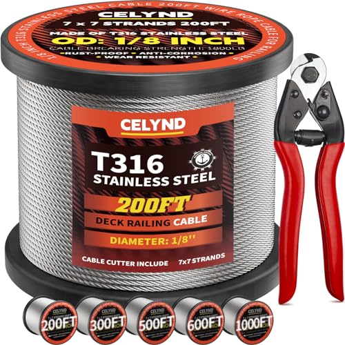 CELYND Stainless Steel Cable for Railing - 200FT 1/8" T316 Wire Rope Cable for Deck Railings System Kit with Cutter