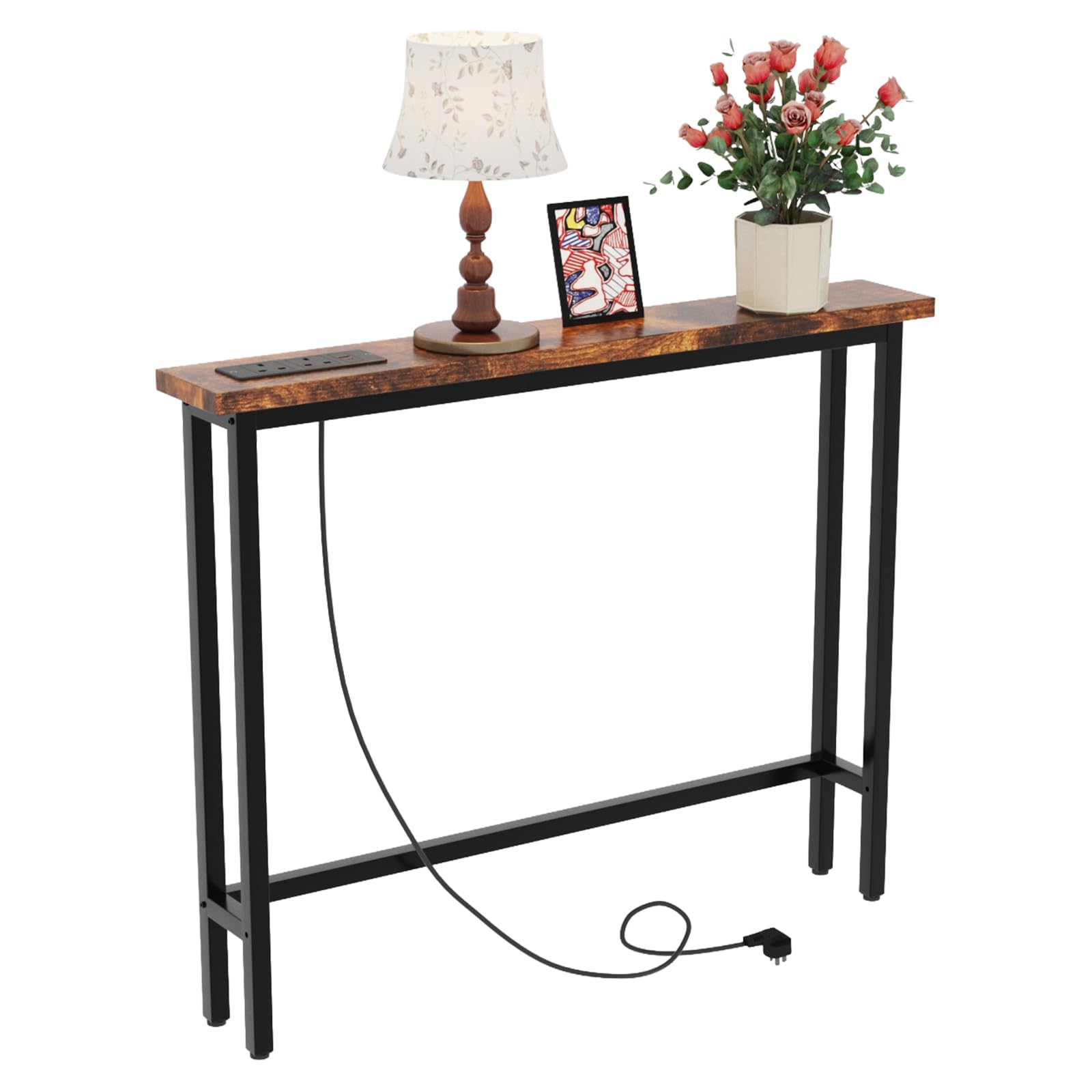 Bonnlo Console Table for Hallway Slim, Narrow Sofa table with Outlets, USB Ports and 150cm Power cord, Behind Couch Table with Charging Station, for Entryway, Corridor,100x15x79cm (Rustic Brown) — image 1