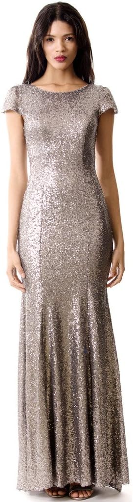 Women's Cap Sleeves Slim Sequined Evening Dress Mermaid with Train (12, Silver)
