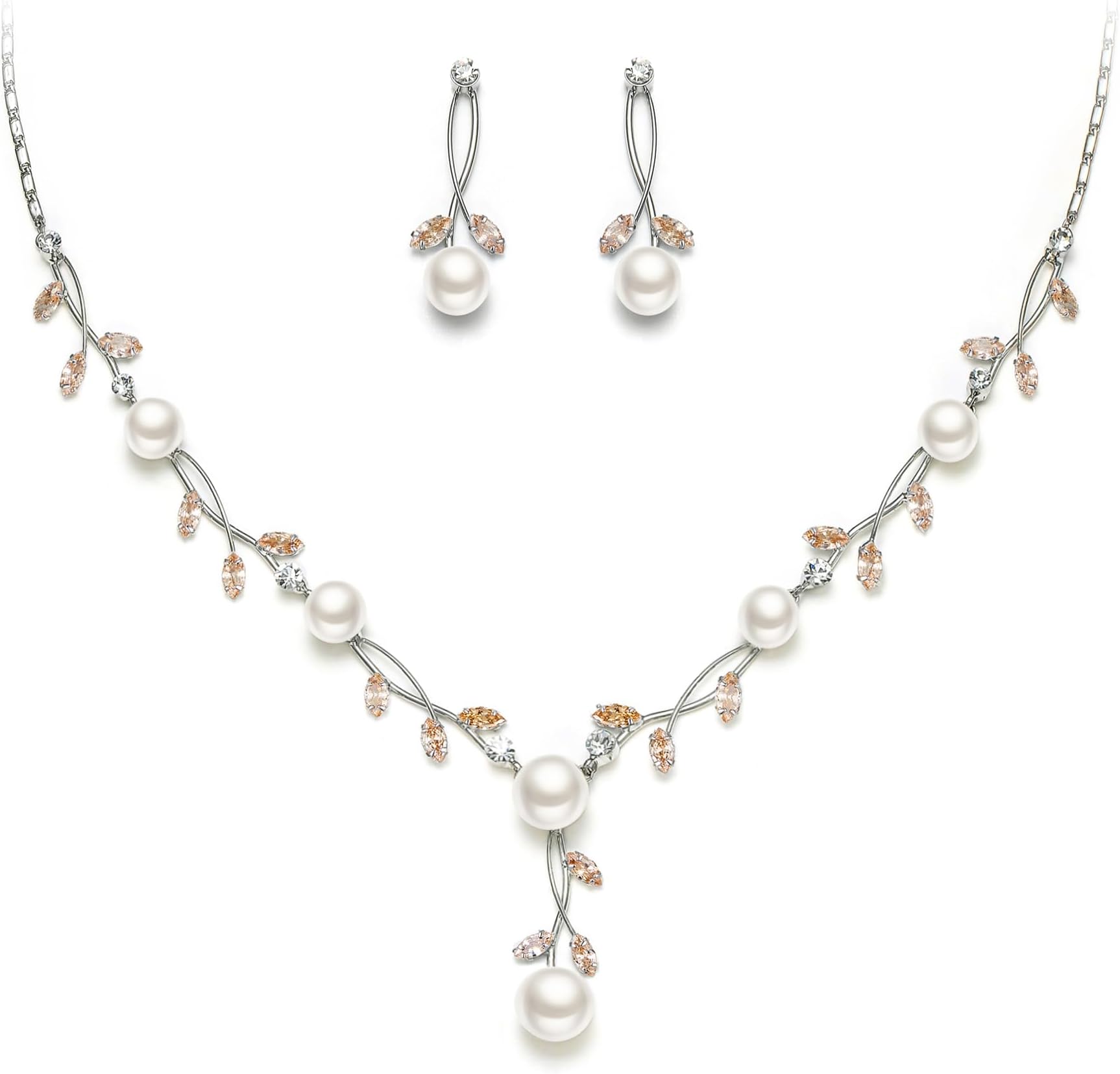 EVER FAITH Wedding Pearl Jewelry for Bride CZ Crystal Simulated Pearl Floral Vine Filigree Bridal Necklace Earrings Set