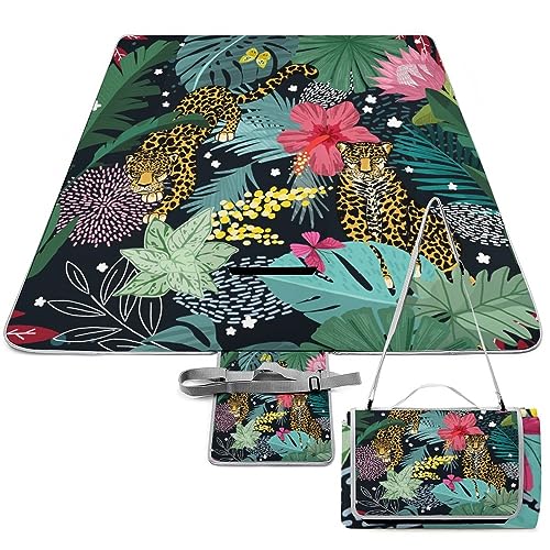 Tropical Plant Leopard Pattern Picnic Blanket Waterproof Foldable, Large Outdoor Picnic Blanket Beach Blankets Camping Blanket Travel Mat, Shoulder Strap Tote, Rectangle 58x58in