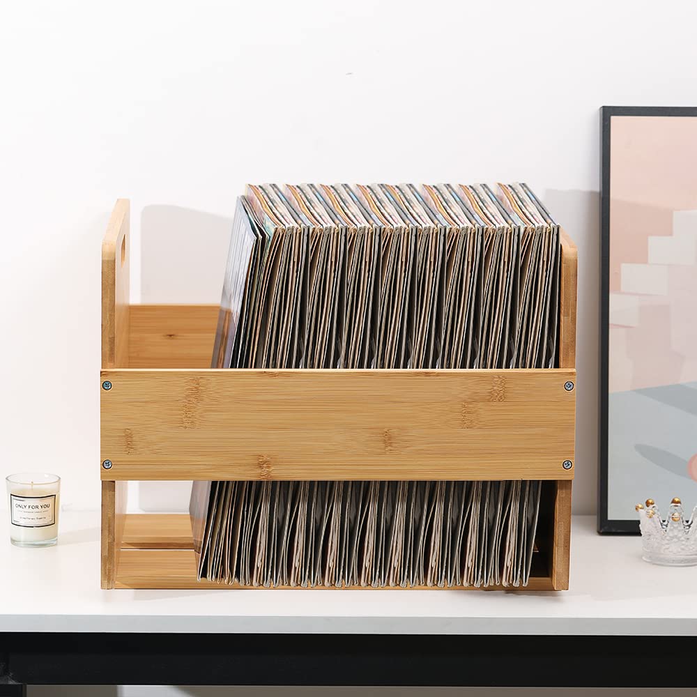 Artliving Boîte de rangement pour disques vinyles en bambou – Peut contenir jusqu'à 80 disques vinyles – Idéal pour les fichiers, livres et magazines