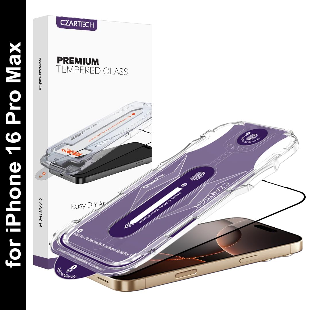 czartech auto-align tempered glass matte for iphone 16 pro max edge-to-edge protector screen protector quikfix (matte)