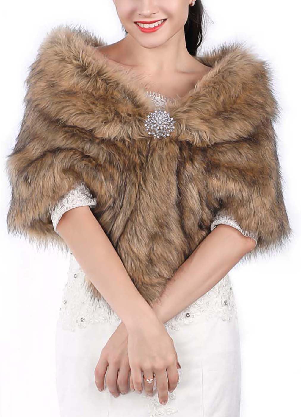 Aukmla Women's Wedding Faux Fur Shawls and Wraps Bridal Fur Scarf Stoles with Rhinestones Brooch for Bride and Bridesmaids