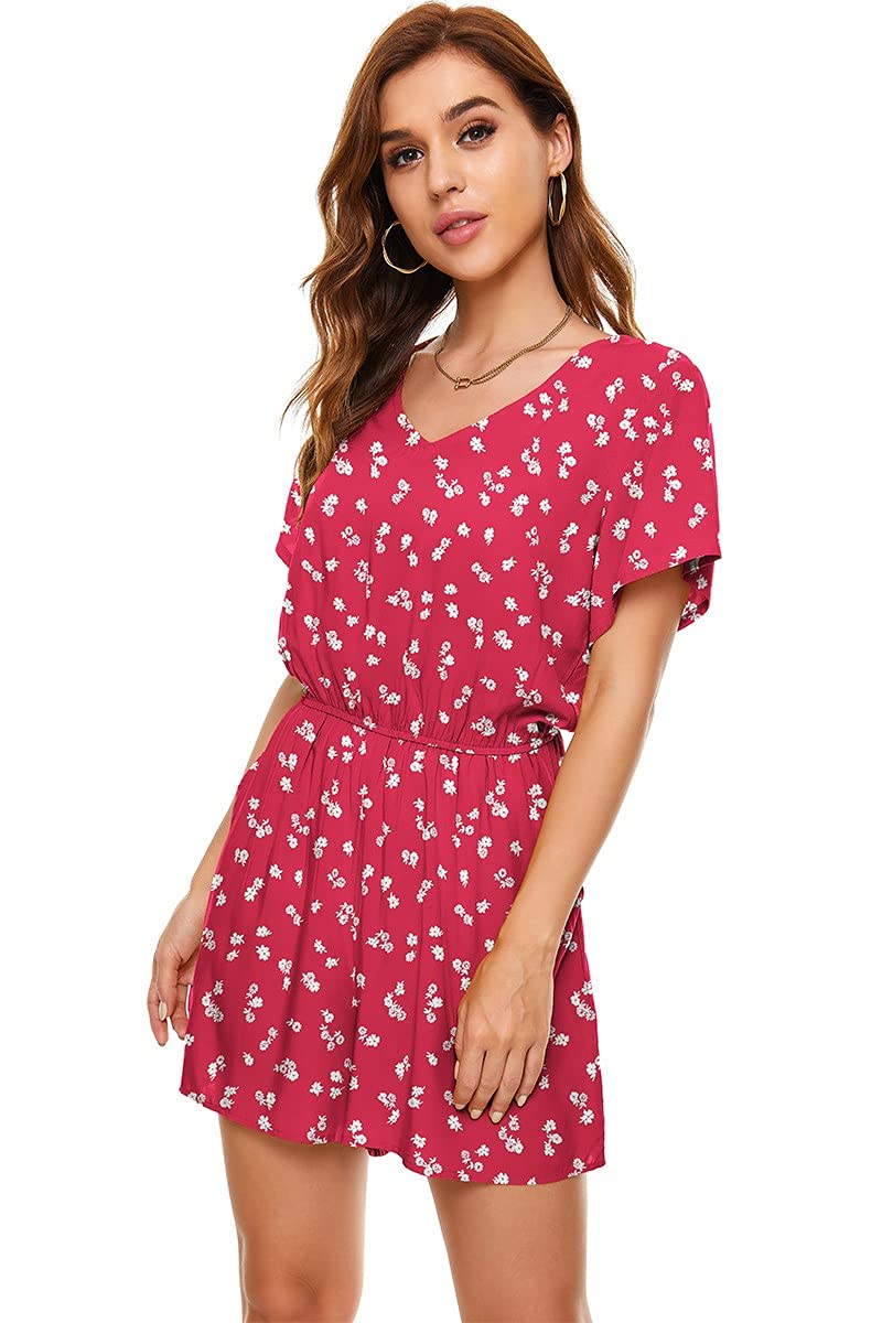 Women's Polka Dot Leopard Jumpsuits V-Neck Floral Printed Flutter Sleeve Pocket Romper