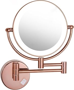 Wall Mounted Lighted Makeup Mirror, 8" LED Double Sided Magnifying Vanity Mirror, 360 Swivel Bathroom Shaving Mirror,Rose Gold,10X