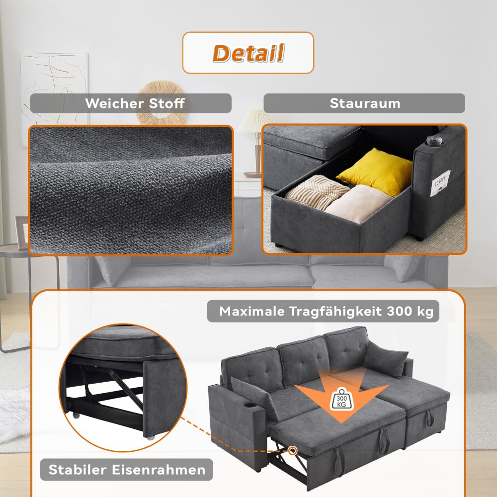 Sapgaks Sofá convertible de esquina, sofá cama con función de dormir, sofá de 3 plazas, muebles acolchados, silla larga con espacio de almacenamiento, con soporte para bebidas (gris + algodón + 3