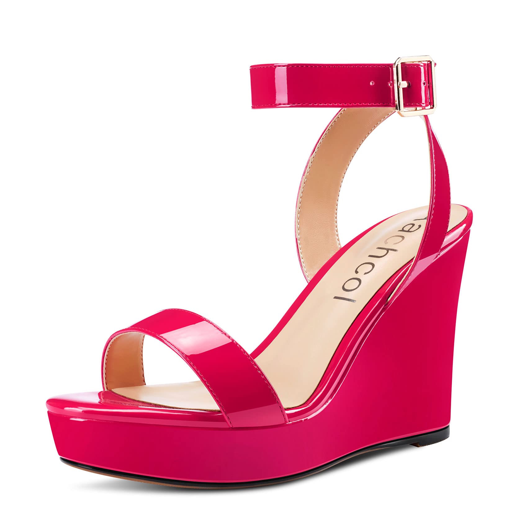 Aachcol Women Platform Wedge Sandals Round Peep Open Toe Ankle Strap Slingback Two-Piece Chunky Block High Heel Dress Shoes Pumps Party Patent 4 Inch