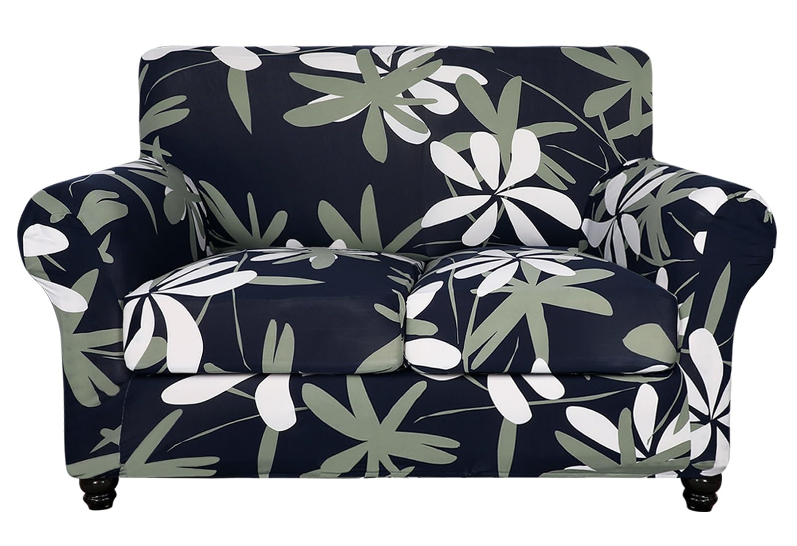 SearchI Stretch Sofa Cover Printed Couch Cover, Floral Pattern 3 Pieces Loveseat Slipcover with 2 Separate Cushion Cover, Washable Furniture Protector for Living Room(Loveseat, Navy Blue)