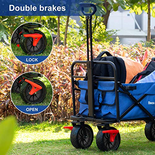 Beau Jardin Folding Beach Wagon Cart With Brake Free Standing Collapsible Utility Camping Grocery Canvas Fabric Portable Rolling Buggies Outdoor Garden Sport Heavy Duty Shopping Push Blue Bg237 #TOP5