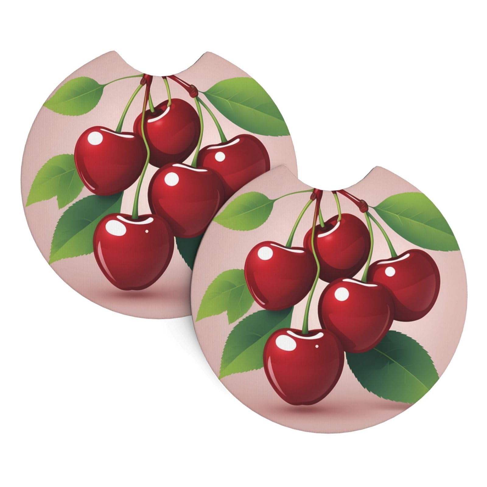 HJFCZH Red Cherry Printed Car Coaster Set of 2 - Waterproof Rubber Cup Holder Protectors for Cars, Trucks & SUVs