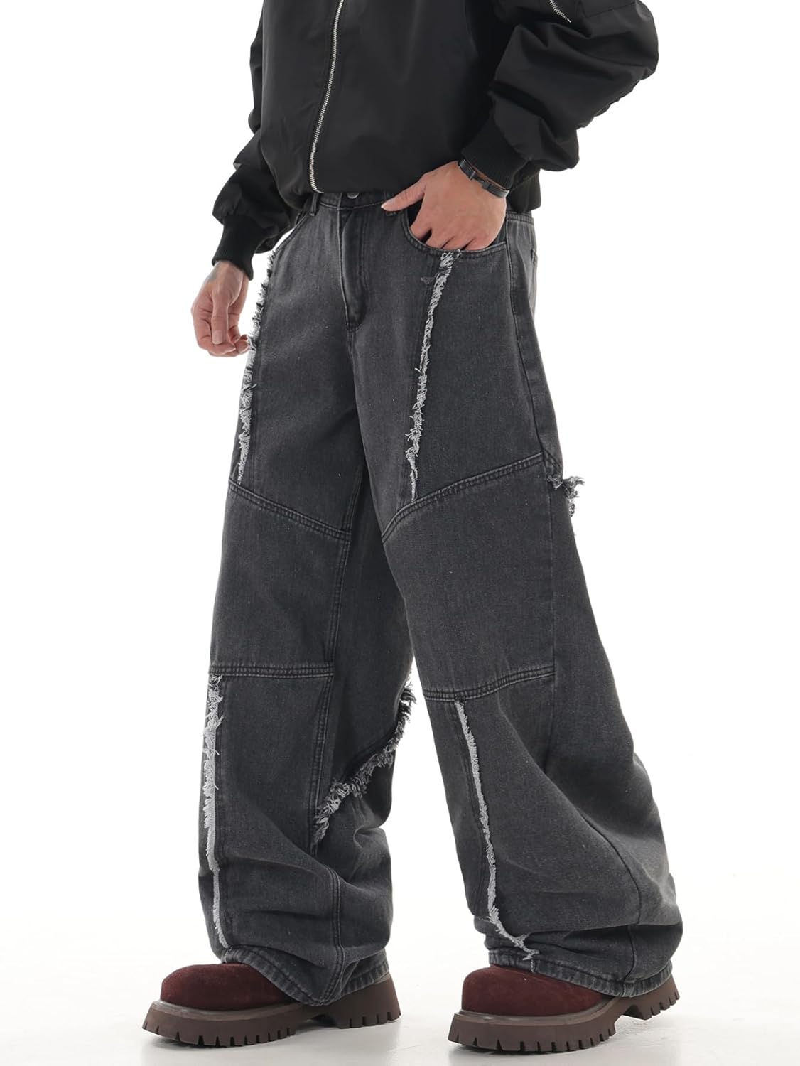 Mens Baggy Jeans Patchwork Y2k Hip Hop Wide Leg Denim Pants Casual Loose Fit Trousers Streetwear - Image 4