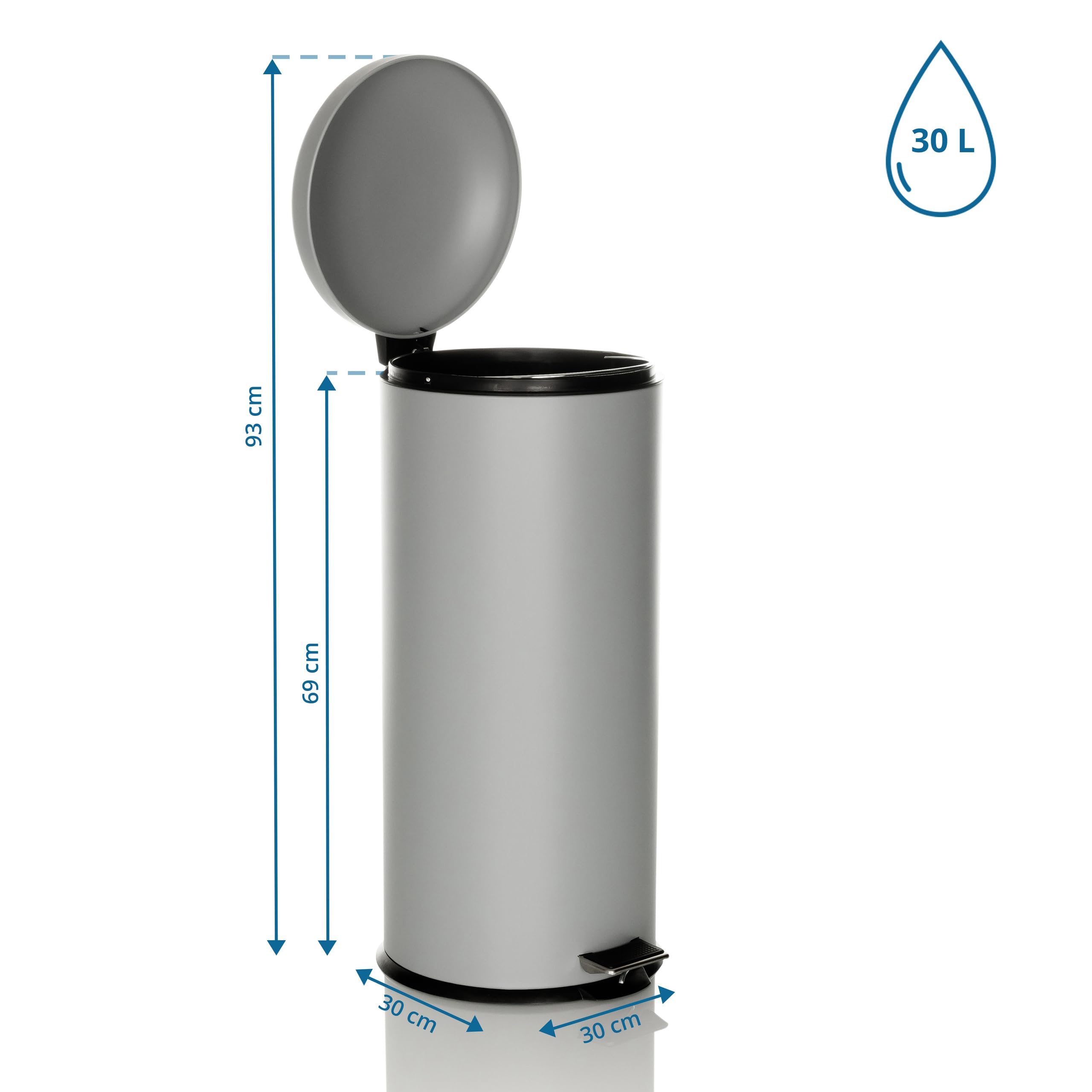 hjh OFFICE Mülleimer 30 Liter CLEAN VIII Metall Abfalleimer luftdicht schließend, hygienischer Treteimer 30L Grau, 741101
