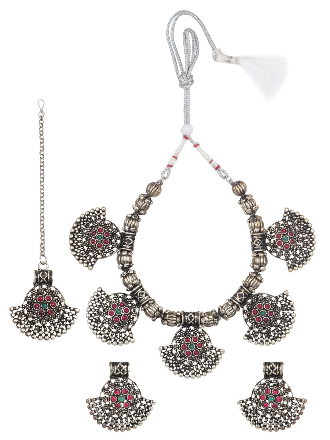 MATUSHRI ART Oxidized Antique Silver Necklace Choker Jewelry Set with Earring and Mang Tikka for Girls and Women (B0B7K1V3SK) Amazon Price History, Amazon Price Tracker