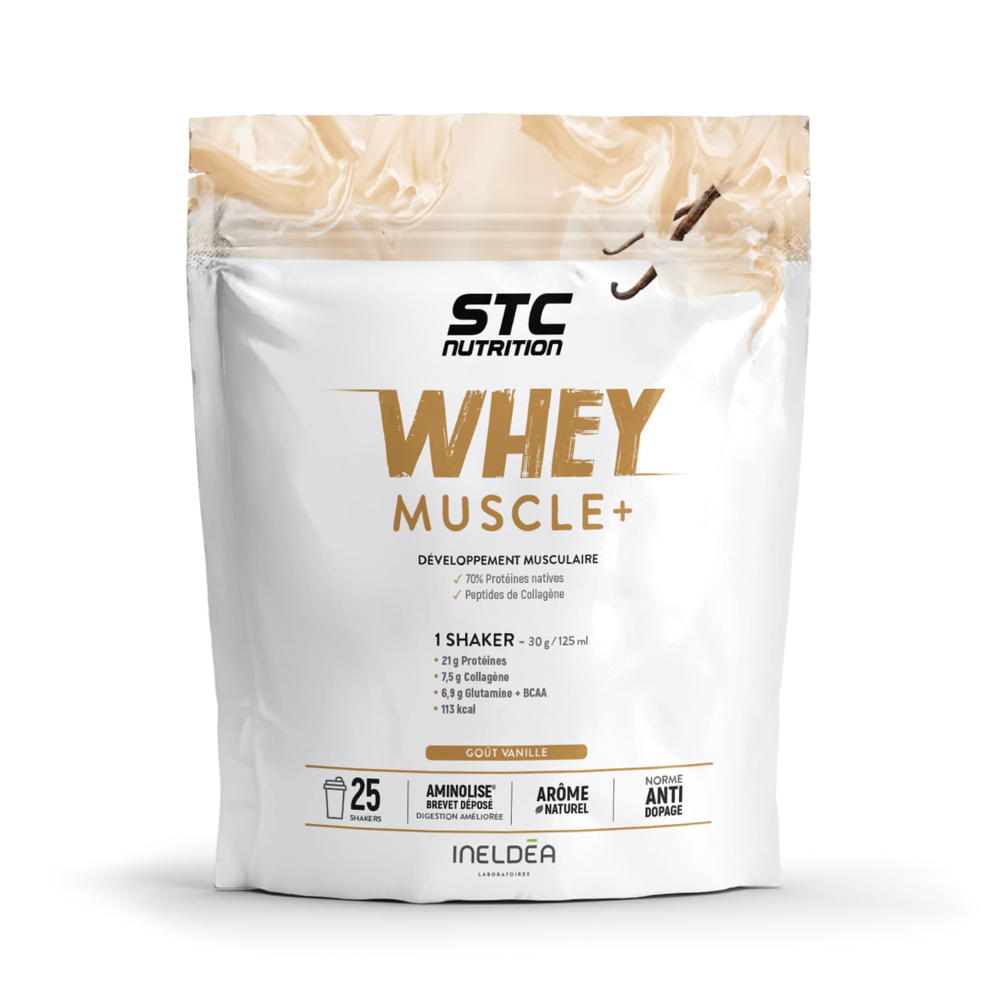 STC NUTRITION - Whey Muscle+ - Protéines Natives - Développement Muscle Sec - Innovation Brevetée Aminolise 100% Digeste - Sans Colorants, Sans Gluten - 25 Shakers - Doypack 750g - Vanille
