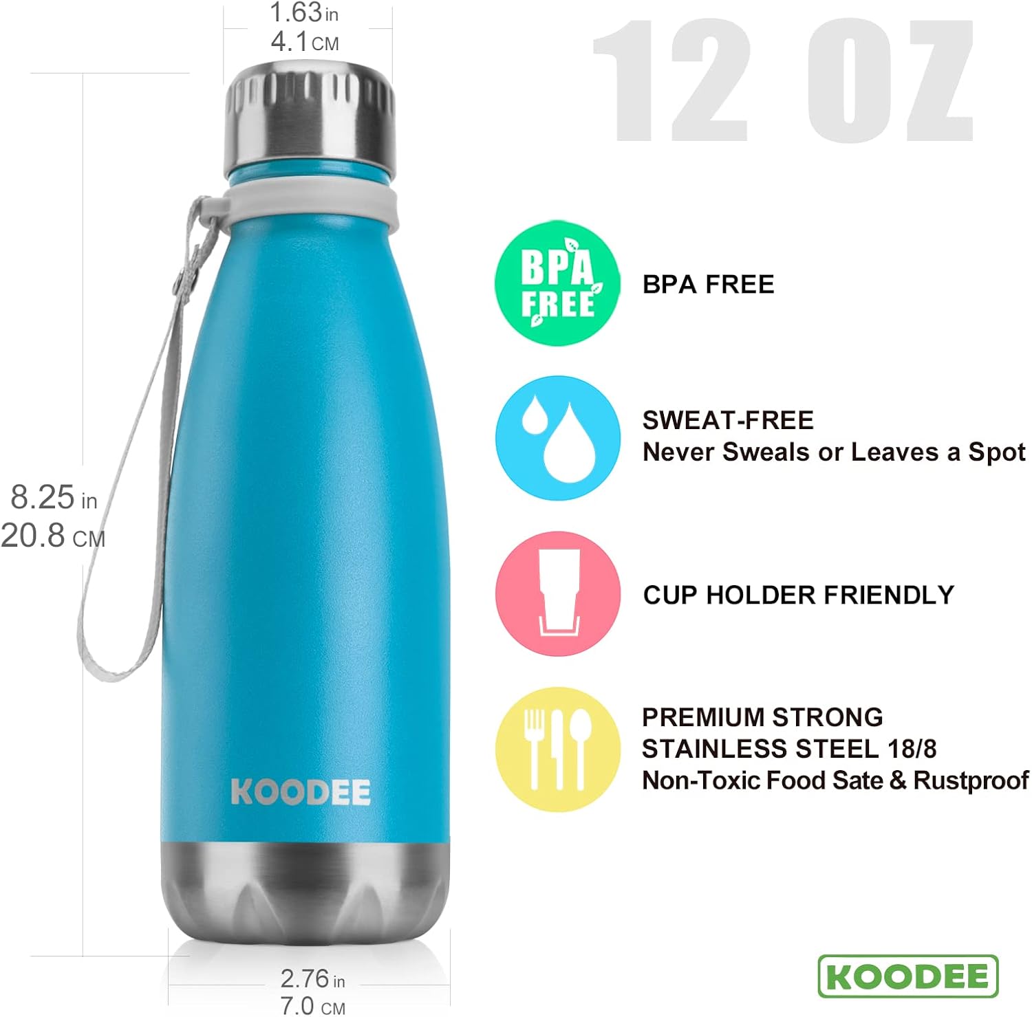 koodee Small Water Bottle 12 oz Stainless Steel Double Wall Vacuum Insulated Water Bottle BPA Free for Kids, Leak Proof (Sky Blue) - Image 3