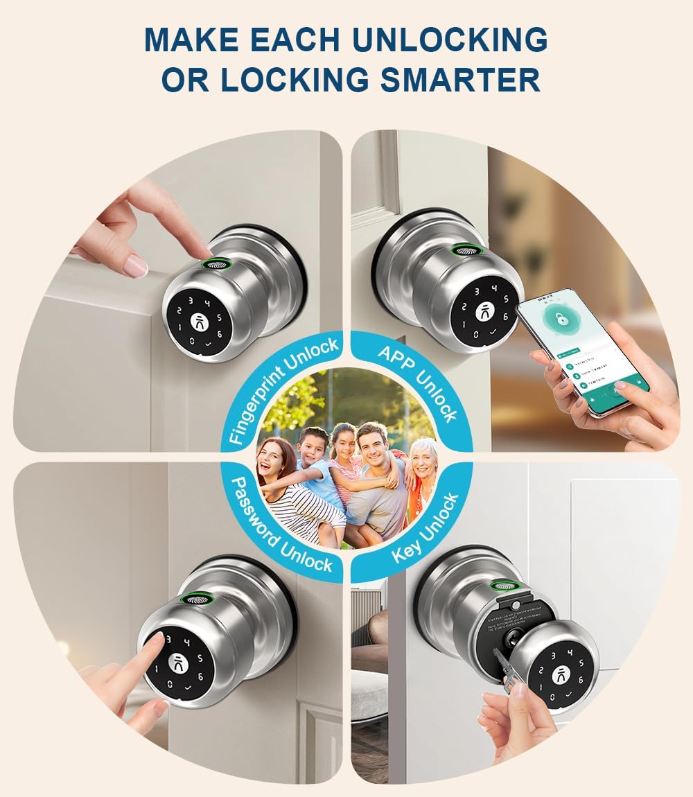 Fingerprint Door Lock, Smart Fingerprint Door Knob with Keypad, Biometric Door Locks with App Control, Auto Lock Door Lock with Code, Keyless Door Knob with Locks for Bedroom,Home,Office-Satin Nickel