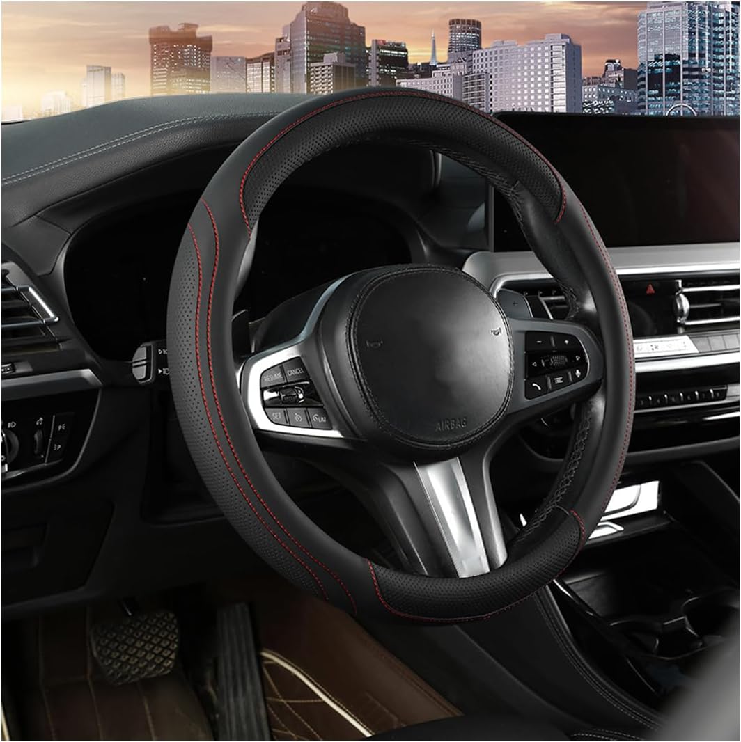  15 Inch Synthetic Leather Steering Wheel Cover, Black/Orange thumbnail
