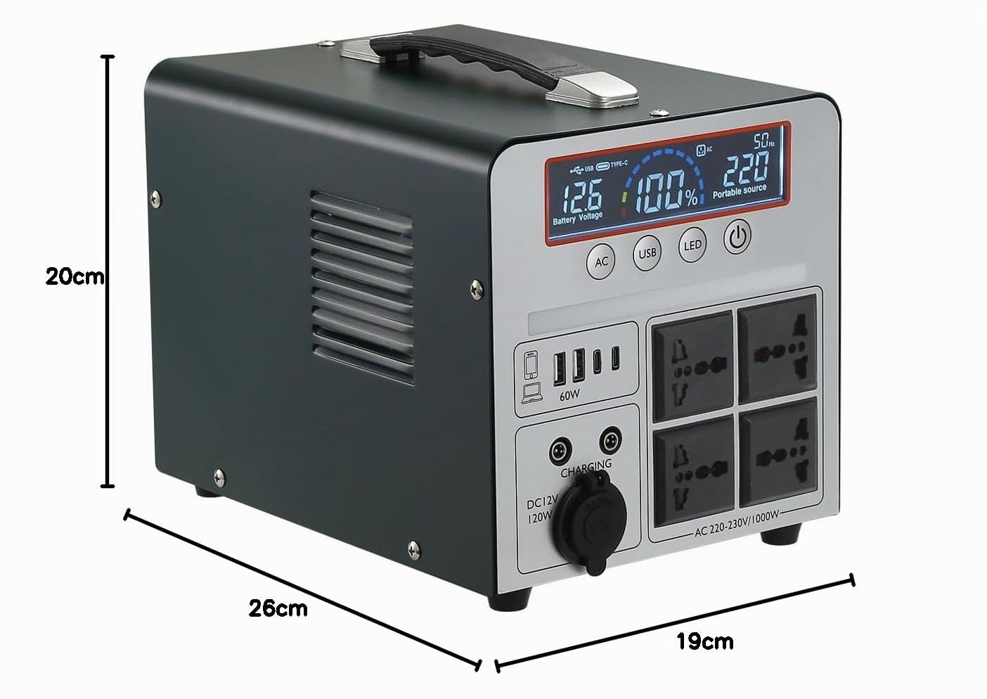 Batteria di riserva portatile ricaricabile da 1000 W/666 Wh, per campeggio, roulotte, droni, pronto soccorso e illuminazione esterna, con 4 uscite AC