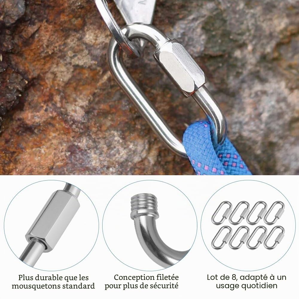 8 Pièces Maillon Rapide Mousqueton à Vis Manille INOX φ6 mm | Capacité de Charge 2000 Kg, Mousquetons en Acier Inoxydable Rapide Fixation pour Extérieur, Camping Tentes, Randonnée
