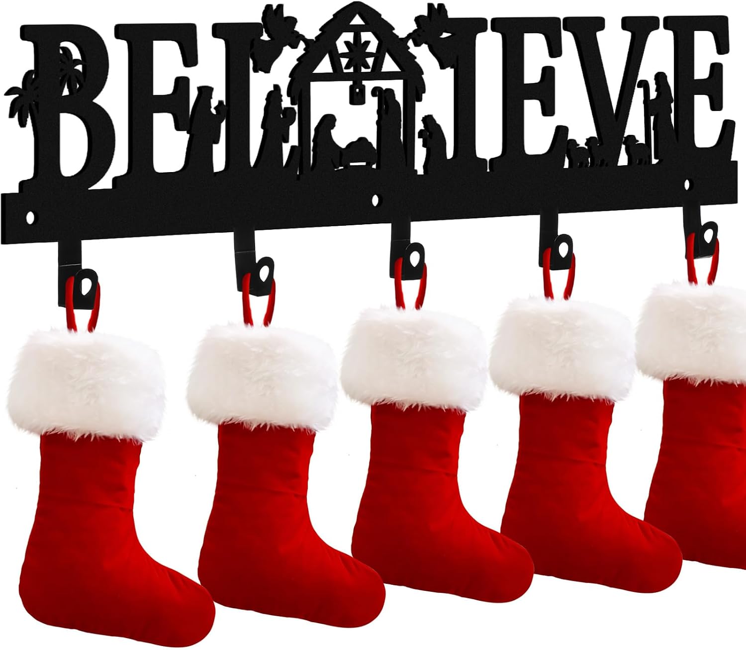 Cinnvoice Nativity Christmas Stocking Holder for Wall with 5 Hangers Metal Christmas Stocking Wall Hanger Mantel Rack Hanging Mount Hook for Holiday Xmas Fireplace Decoration, Black(Believe)