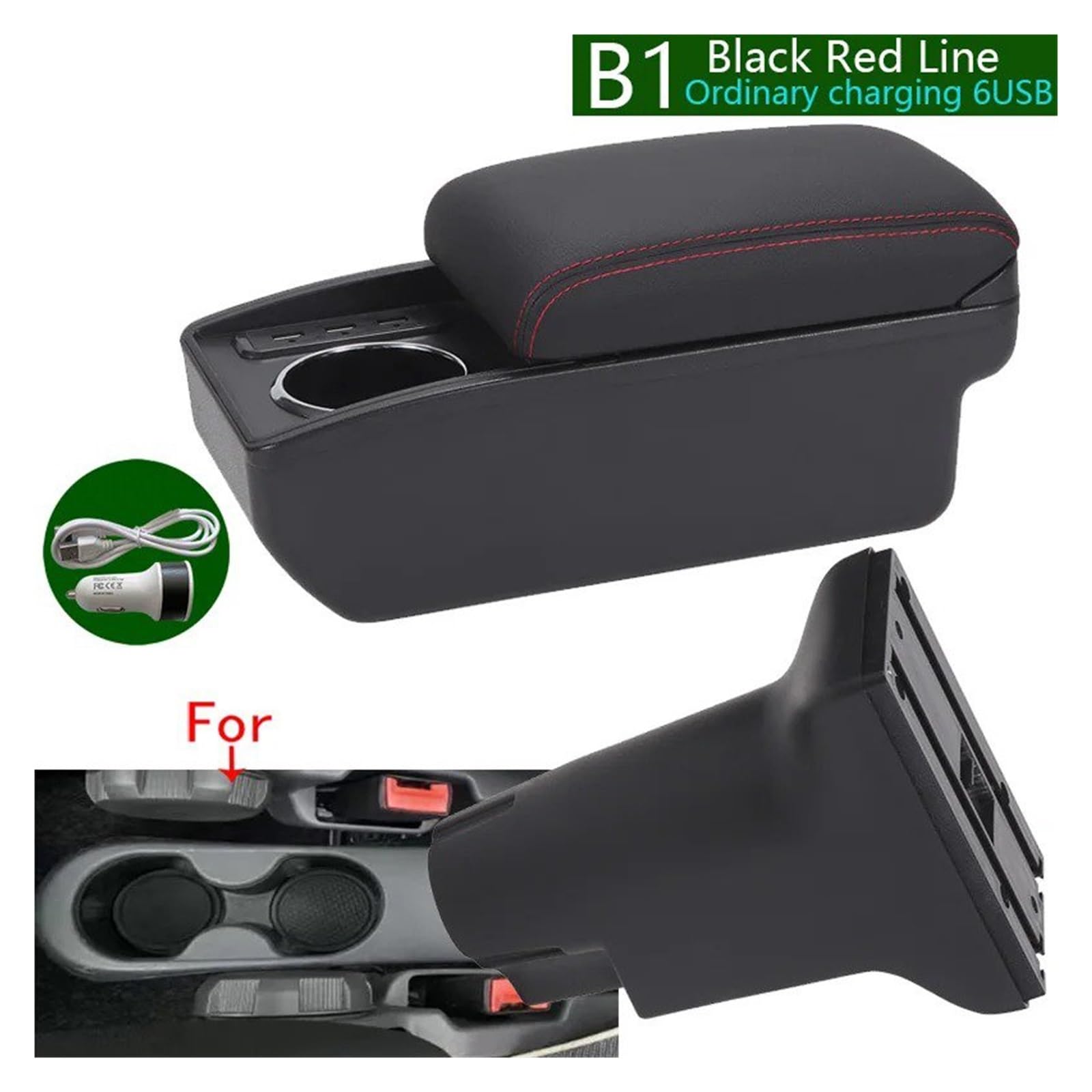 Coche Reposabrazos Para Fiat Para 500 2012-2025 Reposabrazos Dedicado Retrofit Realza El Centro Interior Caja De Almacenamiento Accesorios(B Black red 6USB)