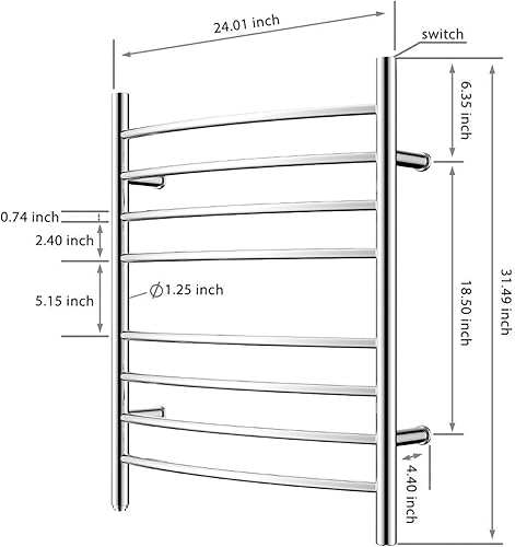 Miniatura 6 de HEATGENE Calentador de toallas de 8 bares, calentador de toallas de baño curvo, calentador de toallas para baño, estante de secado enchufable,