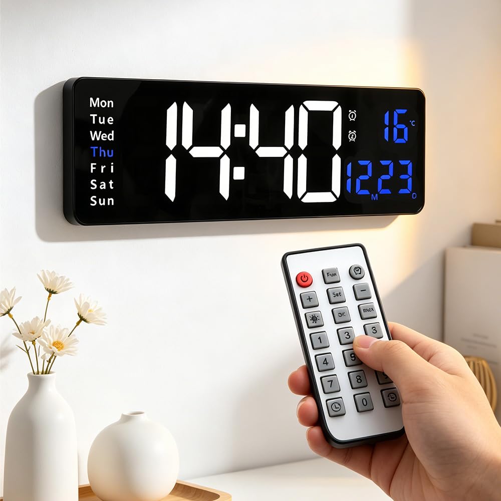 16 Inch Large Digital Wall Clock, LED Wall Clock with Temperature, Date, Week, Adjustable Brightness, Big Wall Alarm Clock with Remote Control for Living Room, Bedroom, Kitchen, Desk, Gym Timer